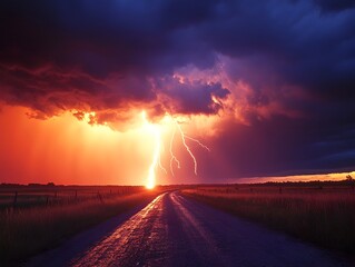 Dramatic Lightning Bolt Strikes Over Rural Countryside Road