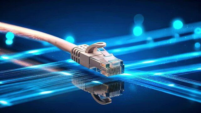 Closeup of a beige ethernet cable with RJ-45 connector on a blue digital background.