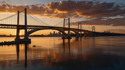 Fototapeta premium A suspension bridge silhouetted against a vibrant sunset over a calm body of water. The bridge connects two sides of the city, with a cityscape visible in the distance.