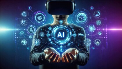 Fototapeta premium Immersive AI Experience: Person Using VR Headset Interacting with Holographic AI Interface, Featuring Digital Icons for Data Processing, Automation, and Global Connectivity