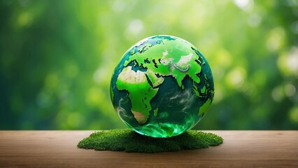 A Green World: The Significance of a Green Globe with Continents on a Blurry Natural Background. Happy Earth Day idea. Generative AI