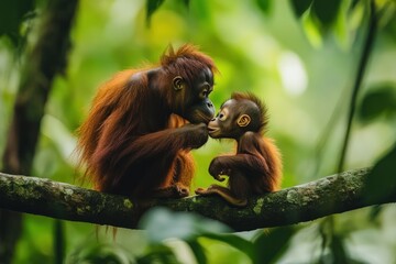 A tender moment between an adult and a baby orangutan on a branch in a lush forest.