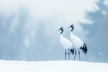 Obraz premium Two elegant cranes standing in a snowy landscape, creating a serene winter scene.