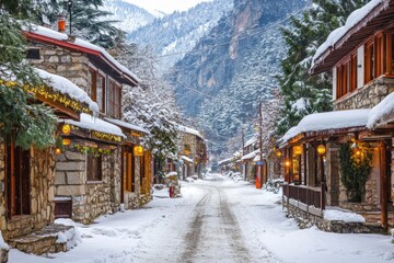 Fototapeta premium A picturesque snowy village street lined with charming stone houses and winter scenery.