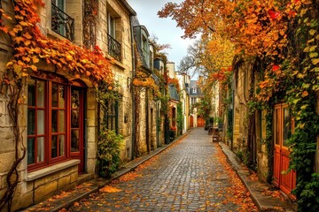 A charming autumn alleyway lined with colorful leaves and quaint buildings.