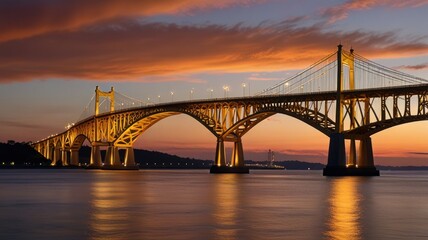 Fototapeta premium A large suspension bridge stretches across a calm body of water, illuminated by the warm glow of sunset. The bridge is a symbol of human ingenuity and connection, while the peaceful waters and 