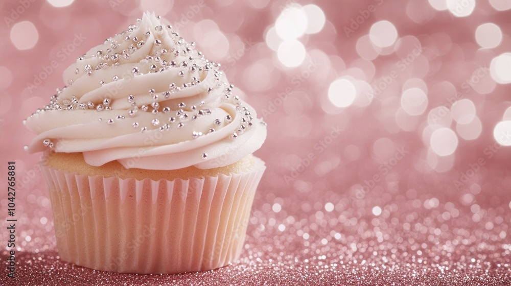 Canvas Prints A decorative cupcake with swirled frosting and silver sprinkles on a sparkling background.