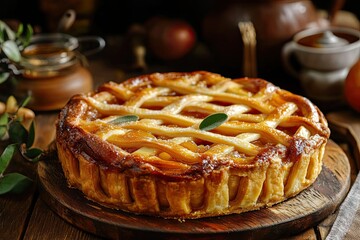 Close-up of a golden-brown apple pie with a lattice crust