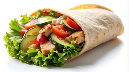 Delicious chicken shawarma wrap with lettuce, tomato, and cucumber