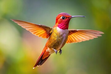 Hummingbird hovering with tail flared against smooth background