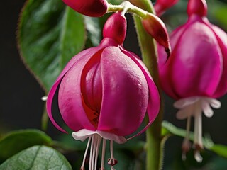 Fototapeta premium Beautiful and charming fuchsia pink flowers photographed from close range in the garden next to the house