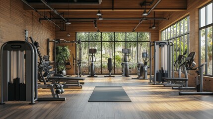 A gym with a lot of equipment and a large window