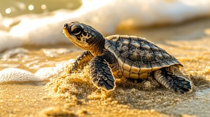 Fototapeta premium Tiny Turtle Hatchling On Sandy Beach