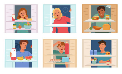 Set vecot illustrations, men and women open their fridges, searching for food. They each face a selection of items, from drinks and fruits to meals, expressing curiosity or hunger