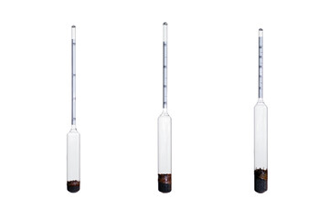 A set of hydrometers for alcohol on a white background. Three glass hydrometers isolated on a white background.
