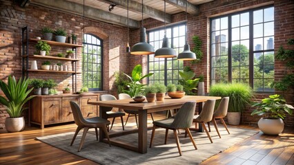 Fototapeta premium Industrial Chic Dining Room with Exposed Brick Walls, Vintage Furniture, Modern Lighting, and Minimalist Decor â€“ Perfect Blend of Rustic and Contemporary Elements for Elegant Dining Spaces