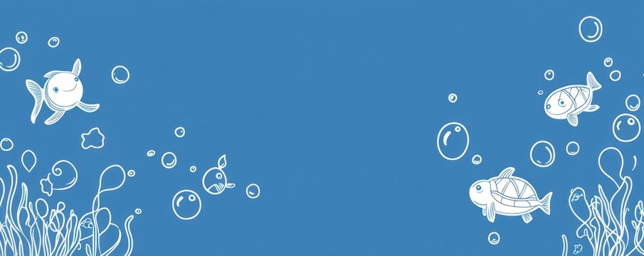 A whimsical underwater scene featuring simple fish and bubbles against a blue background.