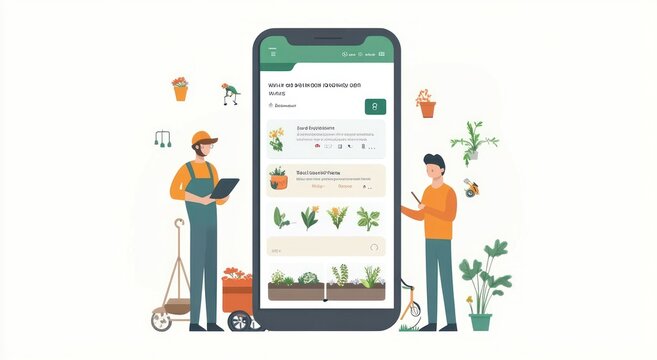 Illustration of a gardening app showcasing plant care and user interactions.