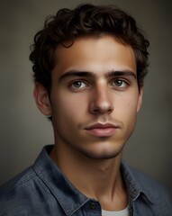 Obraz premium Pensive Young Man with Curly Hair in Casual Shirt Captured in a Striking Frontal Portrait