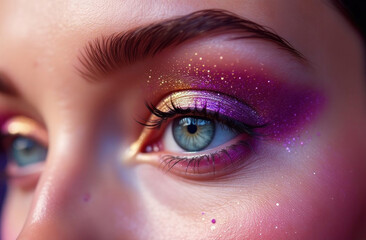 Obraz premium Close-up of a beautiful girl's eye with orange and purple glitter makeup. The sparkling particles are vividly displayed around the eyelid