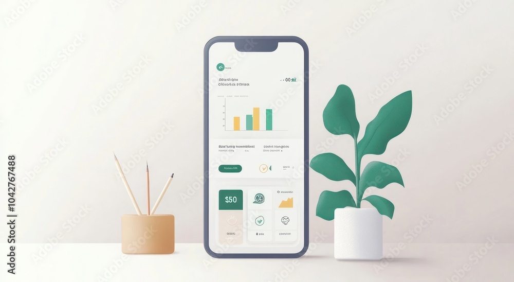 Poster a smartphone displaying a data analysis dashboard with plants and stationery nearby.