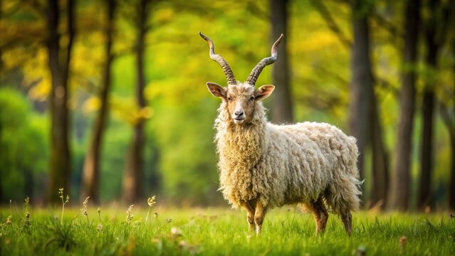 Hungarian Racka sheep grazing in a field and forest close-up