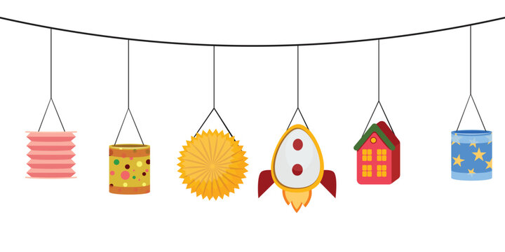 Bright St. Martin lanterns hanging, showcasing designs like rockets, houses, suns, and stars