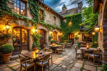 Charming Old Stone Villa Restaurant with Rustic Bistro Ambiance and Warm Lighting