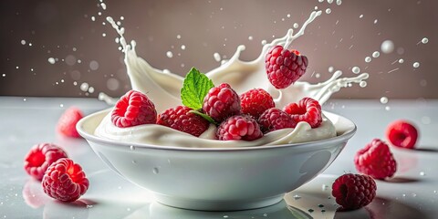 Macro Photography of Raspberries Spiraling and Falling into a Yogurt Bowl in Slow Motion, Capturing Freshness, Creaminess, and Vibrant Colors for Culinary and Food Photography