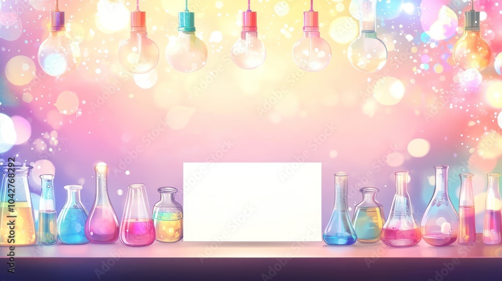 Poster a colorful laboratory scene with flasks and glowing lights, ideal for science-themed projects.