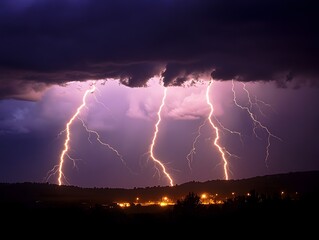 Dramatic Storm with Powerful Lightning Bolts Illuminating Dark Night Sky over Mountainous Landscape