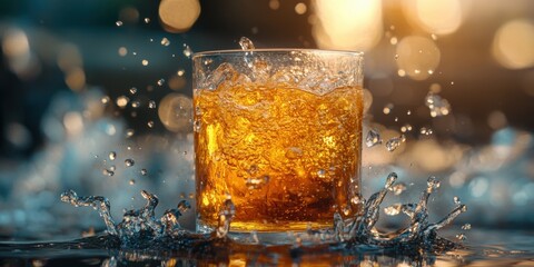 a glass of beer with water splashing on it