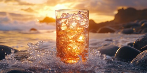 a glass of water with ice on the rocks