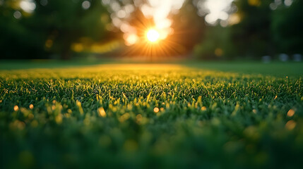 Fototapeta premium Closeup of Green Grass with Golden Sunlight
