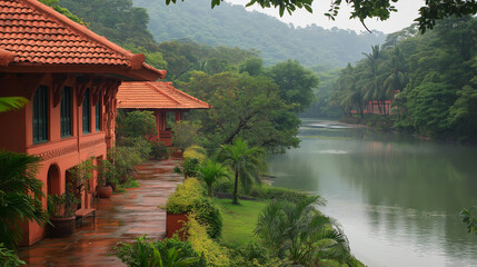 A serene Indian Ashram nestled by a river, featuring traditional architecture and lush gardens. v2