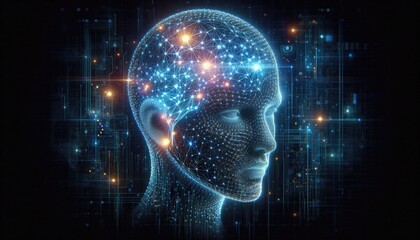 Obraz premium Futuristic AI Concept: Digital Human Head Composed of Neural Networks, Glowing Nodes, and Data Patterns, Representing Deep Learning, Machine Intelligence, and Technological Innovation