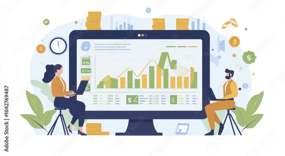 Poster illustration of two people analyzing financial data on a large screen with graphs and charts.