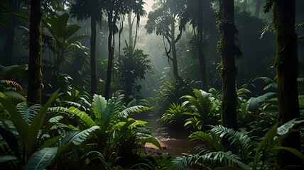 Naklejka premium Lush and Verdant Rainforest Path Through Canopy of Tropical Foliage