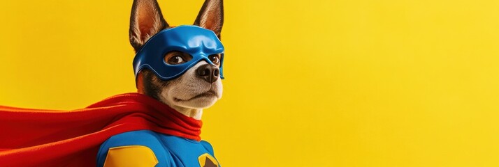 A dog dressed as a superhero with a blue mask and red cape against a yellow background.