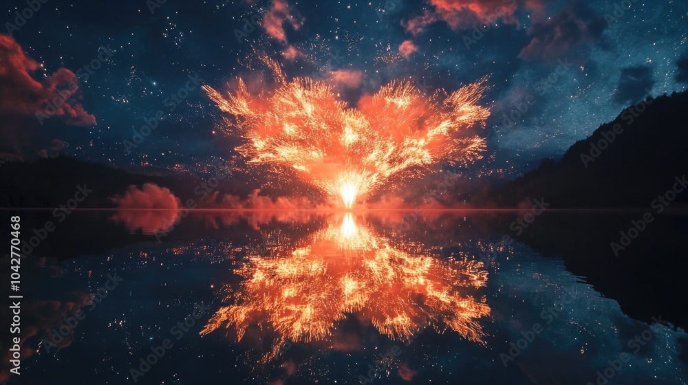 Poster fireworks exploding in a burst of color in the night sky, mirrored in the still waters below, creati
