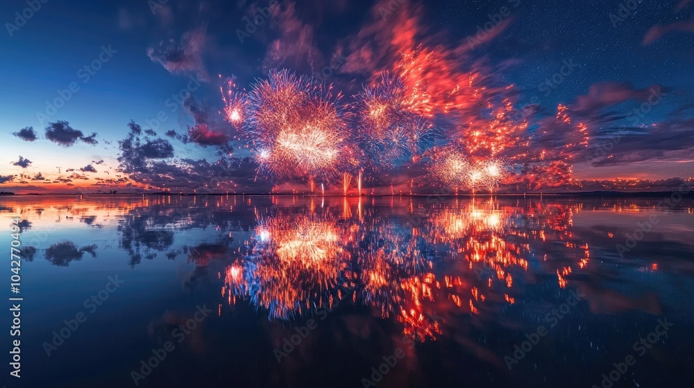 Poster fireworks exploding in a burst of color in the night sky, mirrored in the still waters below, creati