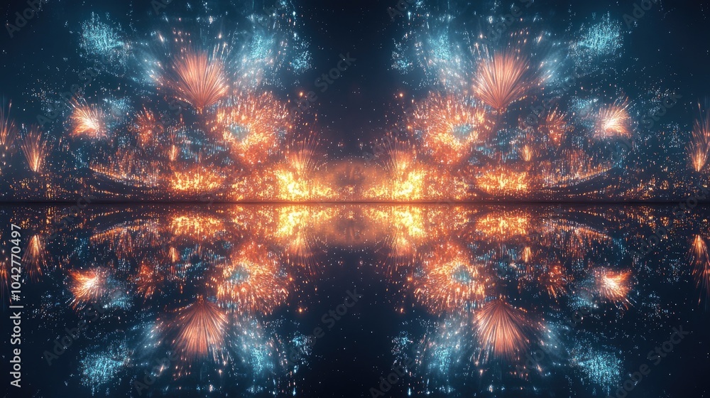 Poster fireworks exploding in a burst of color in the night sky, mirrored in the still waters below, creati