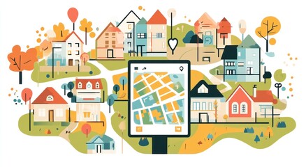 A colorful illustration of a neighborhood map surrounded by houses and trees.