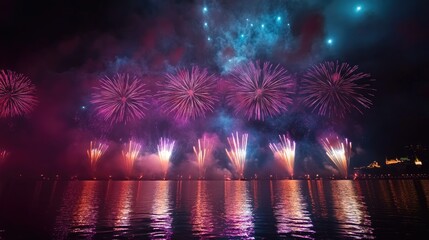 Fireworks lighting up the dark sky, with bright colors mirrored in the water below, creating a magical and stunning display