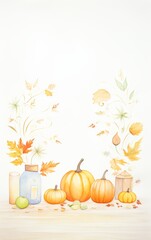 A charming depiction of autumn elements featuring pumpkins and colorful leaves, perfect for seasonal decor. Ideal for fall-themed projects.