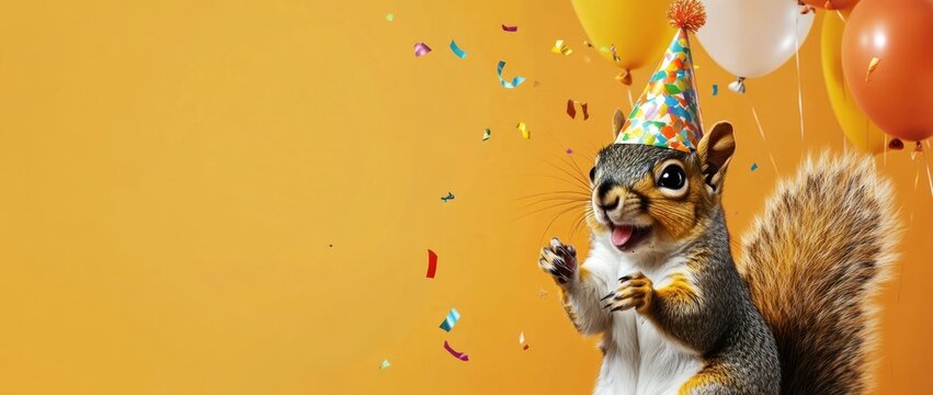 A cheerful squirrel wearing a party hat, surrounded by balloons and confetti.
