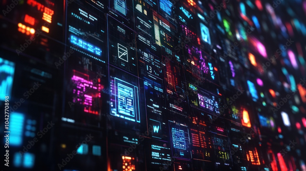 Poster a vibrant digital interface displaying data and information in a futuristic style.