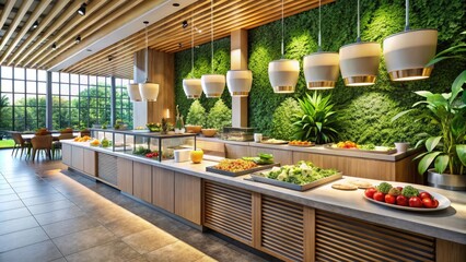 Fototapeta premium Modern Architectural Salad Bar with Fresh Ingredients, Stylish Design, and Natural Lighting - A Culinary Delight in Urban Settings for Food Photography Lovers