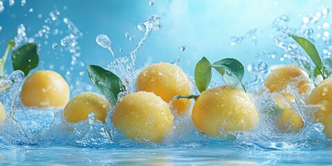 a bunch of lemons with water splashing on them