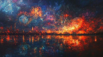 Fototapeta premium Vibrant fireworks exploding against the night sky, their dazzling reflections shining in the nearby water, creating a mesmerizing scene